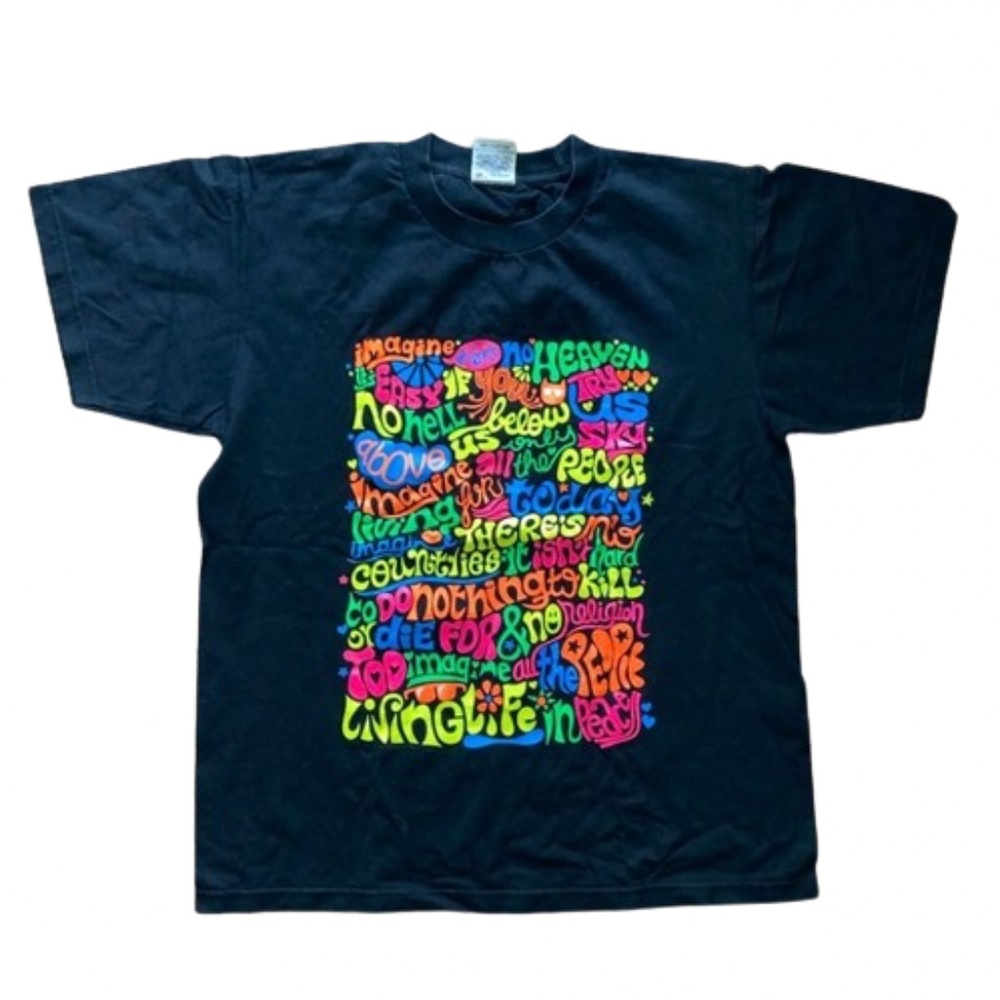 Lyrics JOHN LENNON SONG IMAGINE Black T Shirt Short Sleeved neon colors